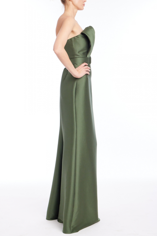 Badgley Mischka Belted Loop Bodice Gown in olive featuring a strapless neckline, fitted bodice, belted waist, and floor-length silhouette.