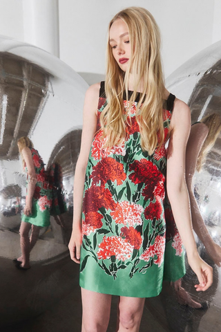 Hunter Bell Roarke Dress in Evergreen Conservatory featuring a green floral print, straight neckline, velvet trim, and mini shift silhouette.