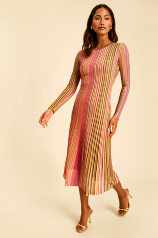 Mestiza James Knit Midi Dress in Sparkling Borealis featuring a multicolor metallic knit, fitted long sleeves, and a softly flared midi skirt.