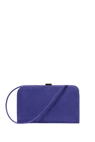 Loeffler Randall Zella Frame Clutch in Jewel blue featuring a structured rectangular silhouette and slim shoulder strap.