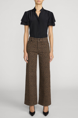 FRAME Le Slim Palazzo jeans in an allover brown and black leopard print with a high rise and wide-leg silhouette.