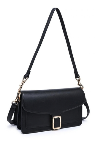 Urban Expressions Coco Crossbody in Black featuring a structured vegan leather silhouette, flap front, gold-tone buckle detail, and detachable strap.