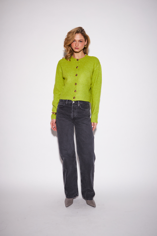 Savannah Sweater in Chartreuse featuring a bright green textured knit, button front, long sleeves, and cropped silhouette.