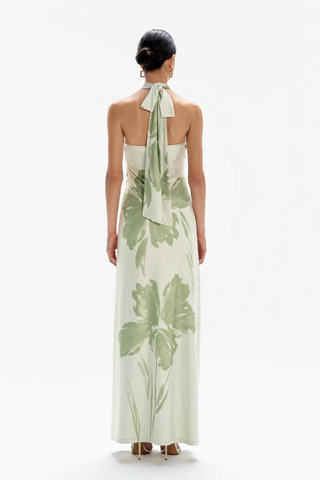 Green halter neck fitted maxi dress with floral print by Especia