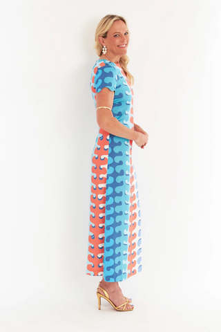 C.K. Bradley Vespa maxi dress in blue and coral Birch Tango print with short sleeves and front slit