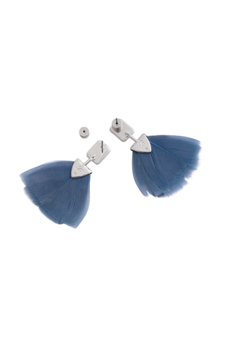 Brackish Sydney Bezel Drop Earrings in Silver featuring handcrafted blue, beige, and white natural feathers with polished silver-plated hardware in a lightweight statement silhouette.