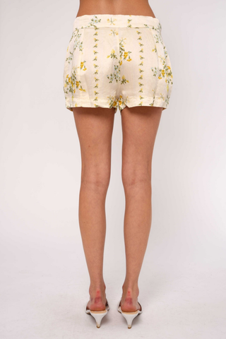 Love the Label Kaye Shorts Estelle floral print cream shorts with yellow flowers and elastic back waistband