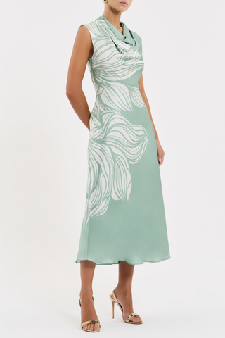 Rebecca Vallance Lalisa Midi Dress in sage floral silk with cowl neckline and bias cut midi skirt