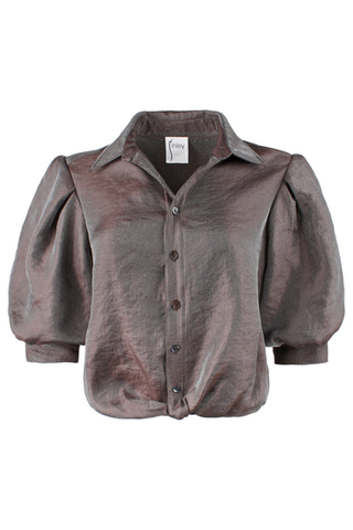 Finley Bomba Metallic Shirt in Brown featuring shimmering iridescent fabric, a spread collar, button-front closure, elbow-length blouson sleeves, and a flattering twisted front hem.