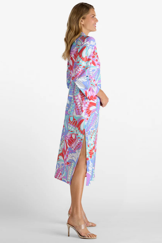 Colorful long sleeve midi caftan dress in butterfly mosaic print with gold foil detail by Jude Connally
