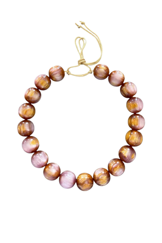 KMS Gems Chunky Beaded Necklace in Golden Mauve featuring oversized marbled blush pink, mauve, and golden beads with an adjustable gold silk cord.