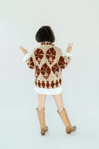 Eleanor James Brand Sgt. Pepper Crew Jacket in Leroy Brown velvet with brown and cream hand-finished Suzani embroidery.