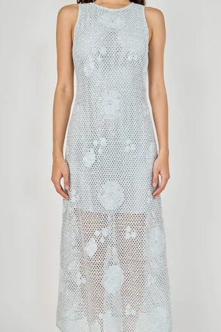 Light blue floral lace dress on a plain background