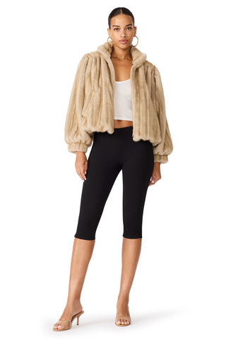 Deedee Jacket in Heather Almond featuring plush faux fur, a stand collar, voluminous sleeves, and a cropped silhouette.