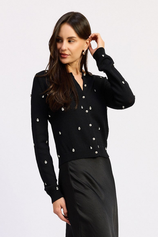 Black Serena Cardigan with long sleeves, button front, and scattered rhinestone embellishments.
