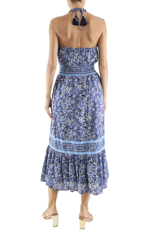 Navy floral halter midi dress with tassel tie neckline by Ramy Brook