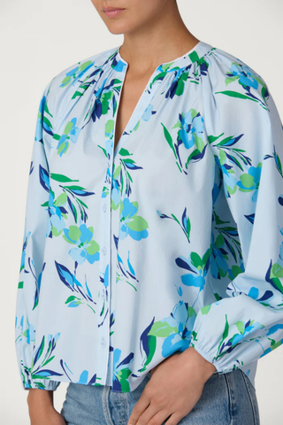 Shoshanna Mira top in french blue multi with floral print and long sleeves