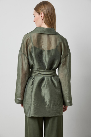 Lilla P Sheer Notch Collar Cardigan in Fir Sheer featuring green organza, dramatic notch lapels, and a tie-front silhouette.