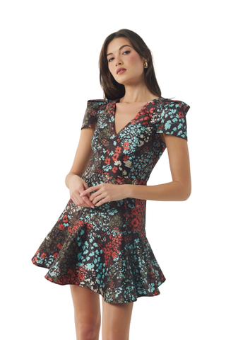 Hutch Lyons Dress in Brown/Multi featuring a floral print, fitted bodice, short sleeves, and flared mini skirt.