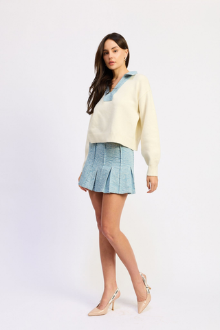 En Saison Dominique Sweater in Light Wash Denim featuring a cream knit body with a contrast denim collar.