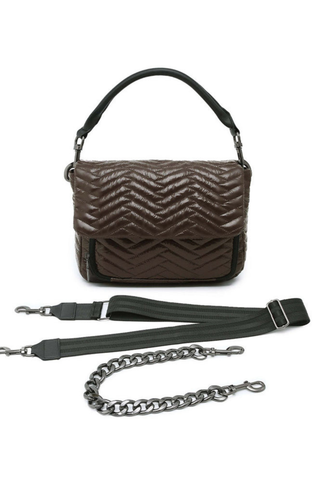 Think Royln Muse Moto Handbag in glossy chocolate brown with quilted detailing and black trim.