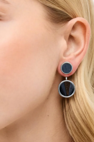 Brackish Lauren Bezel Jacket Earrings in silver with dark natural feather details and a double-drop silhouette.
