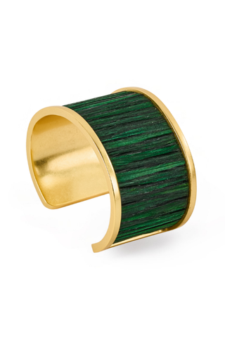 Brackish Valentina Wide Cuff featuring green stone detailing with a polished gold-tone frame.
