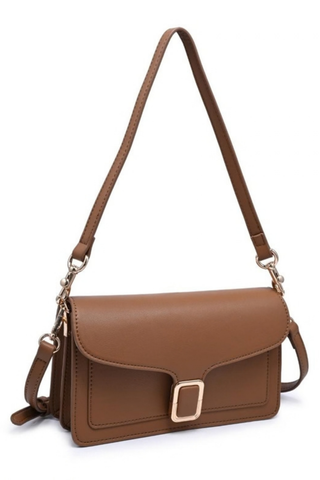 Urban Expressions Coco Crossbody in Camel featuring smooth vegan leather, a structured flap silhouette, buckle detail, and adjustable strap.