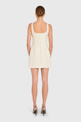 Amanda Uprichard Isabelle Dress in chalk ivory with square neckline, wide straps, and tailored mini silhouette