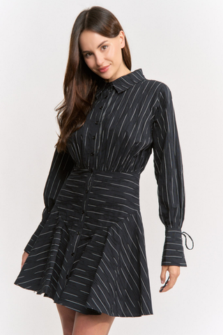 En Saison Tricia Mini Shirt Dress in Black Ivory featuring a striped pattern, collared neckline, long sleeves, defined waist, and flared mini skirt.