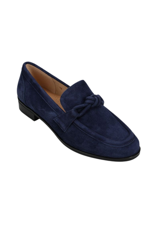 VANELi Kaye Loafer in navy suede featuring an apron toe, knotted keeper strap, and low stacked heel.