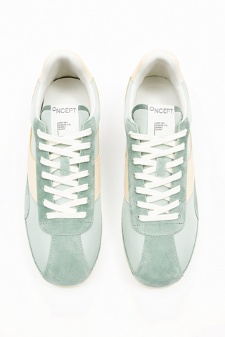 ONCEPT Rennes Sneaker in Agave featuring soft sage green Italian suede, neutral accents, and a retro running-inspired silhouette.