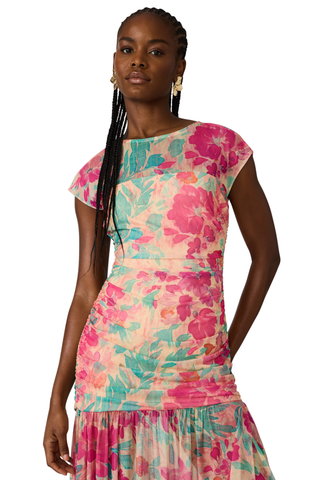 Pink and green tropical floral sheath dress with cap sleeves and ruched bodice by Steve Madden