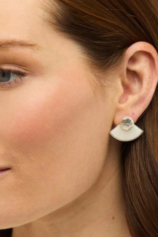 Brackish Bianca Stud Earrings in Silver featuring handcrafted white rooster feathers in a fan silhouette with sterling silver-plated stud hardware.