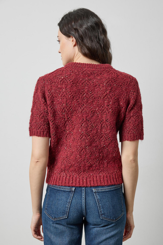 Lilla P Short Sleeve Tinsel Sweater in Port Tinsel featuring a rich red knit with metallic sparkle, crew neckline, and short sleeves.