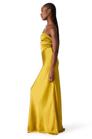 Steve Madden Elaia Dress in Oilspill featuring a strapless satin maxi silhouette with a statement back tie detail.