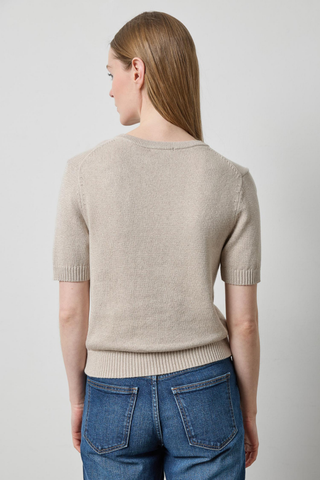 Dove Sparkle V-neck short-sleeve sweater in a soft cotton-cashmere blend with subtle shimmer.