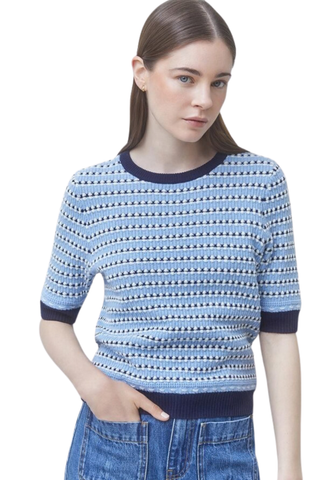 Suncoo Perly Sweater in Blue Ciel featuring a blue open-knit striped design, short sleeves, and contrast navy trim.