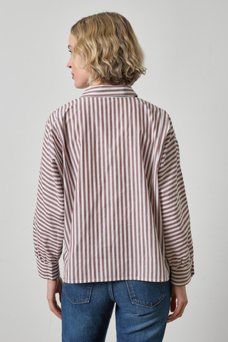Lilla P Dolman Sleeve Button Down Shirt in Chestnut Stripe featuring a collared button front, relaxed fit, and dolman sleeves.