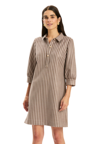 Tyler Boe Kat Knit Plaid Dress in Demitasse featuring a brown neutral plaid pattern, collared neckline, three-quarter sleeves, and mini silhouette.