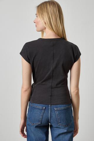 Black cotton tie front tee with extended shoulders.