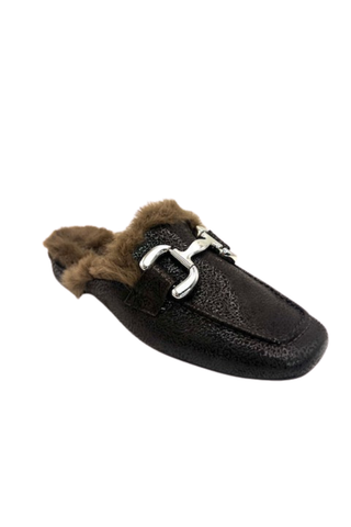 Vaneli Skyla Loafer in Tmoro Macao featuring a dark brown mule silhouette, faux fur lining, square toe, and oversized metal bit detail.