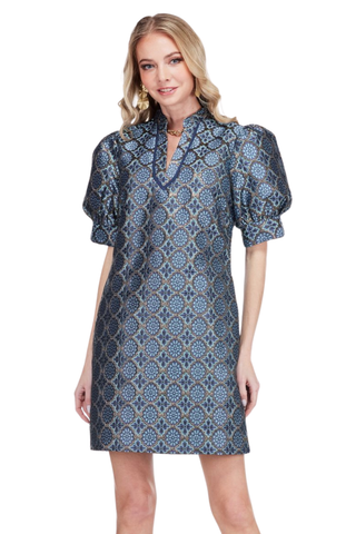 Jade Collar Trimmed V-Neck Dress in Gilded Trellis blue and gold print with a contrast collar and puff sleeves.