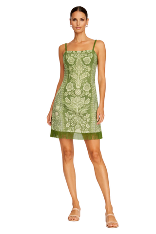 Anna Cate Parker dress in green with ivory floral pattern, adjustable straps, and fringe hem detail
