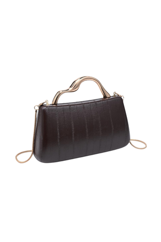 Rue Aveline Nichelle Clutch in Espresso featuring textured vegan leather, a structured frame silhouette, gold-tone top handle, and removable chain strap.