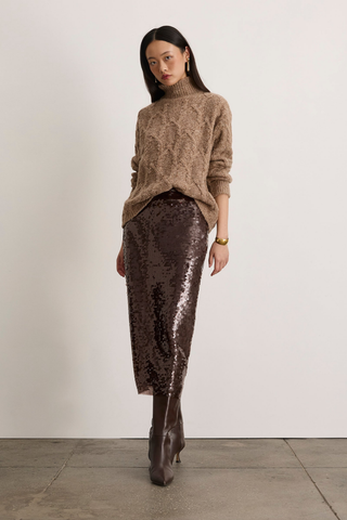 Tanya Taylor Kiah Skirt in Dark Fig featuring a high-waisted straight midi silhouette covered in rich brown sequins.