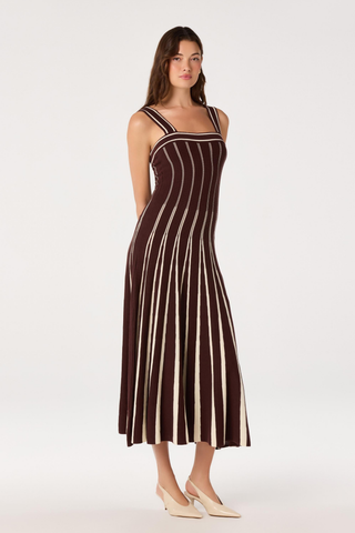ASTR Marlen Dress in Brown Cream with vertical stripes, square neckline, and fit-and-flare midi silhouette.