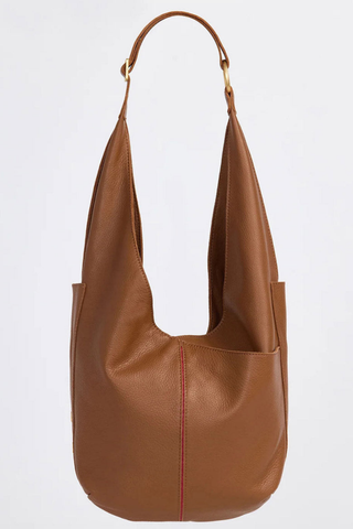 Hammitt Tom Zip Handbag in mahogany brown pebbled leather with brushed gold hardware and relaxed hobo silhouette.