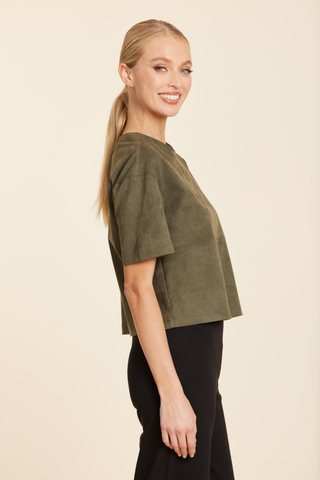 Dolce Cabo Suede T-Shirt in Olive featuring soft faux suede, a crew neckline, short sleeves, dropped shoulders, and a relaxed boxy fit.