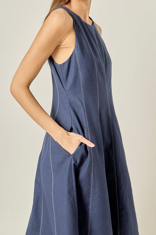 English Factory Linen Stitch Detail Midi Dress in Navy featuring a sleeveless linen silhouette with paneled seaming.